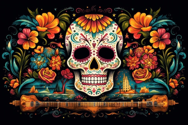 El colorido concepto del festival del Día de los Muertos generado por Ai