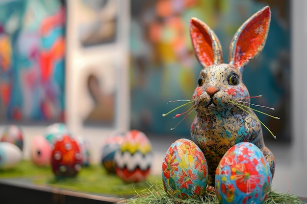 Un colorido conejo de Pascua de cerámica y huevos de Pascua pintados en exhibición con fondo de arte abstracto