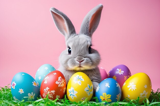 El colorido conejo de Pascua con huevos decorados