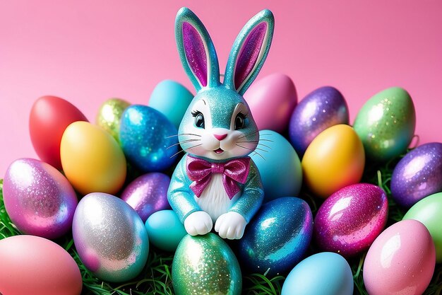 El colorido conejo de Pascua con huevos decorados