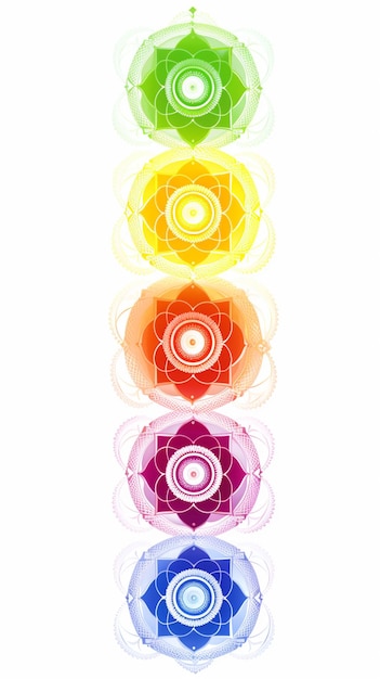 Un colorido conjunto de siete chakras sobre un fondo blanco.