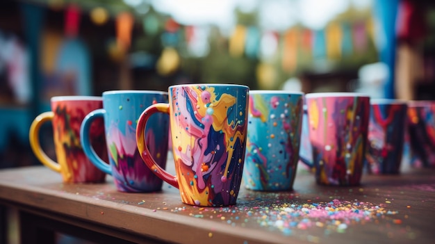 Foto un colorido conjunto de tazas de café en una mesa