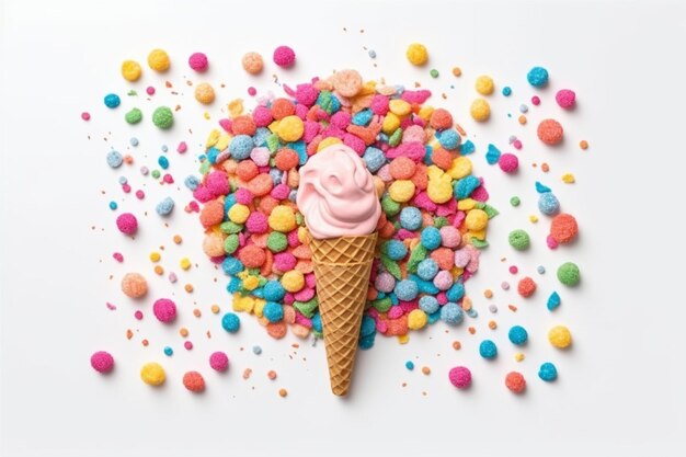 Un colorido cono de helado con una bocha de helado rodeado de coloridos caramelos.