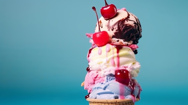 Un colorido cono de helado se está derritiendo con cucharas de varios sabores