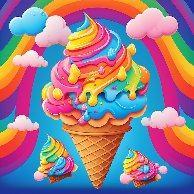 Foto un colorido cono de helado con un fondo de arco iris.