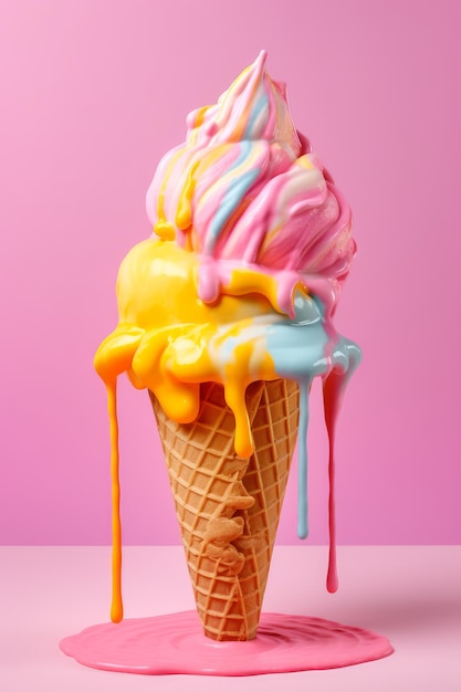 Un colorido cono de helado con un fondo rosa.