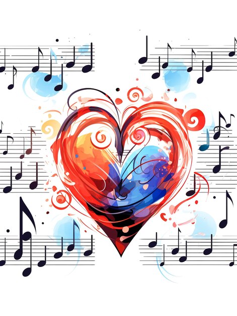 Foto colorido corazón musical de acuarela con notas y gotas de pintura
