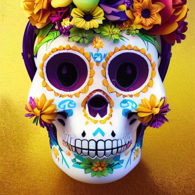 Un colorido cráneo de azúcar Calavera tradicional decorado con flores para el día de los muertos Día de los muertos