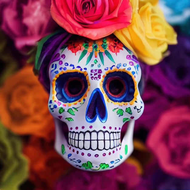 Un colorido cráneo de azúcar Calavera tradicional decorado con flores para el día de los muertos Día de los muertos