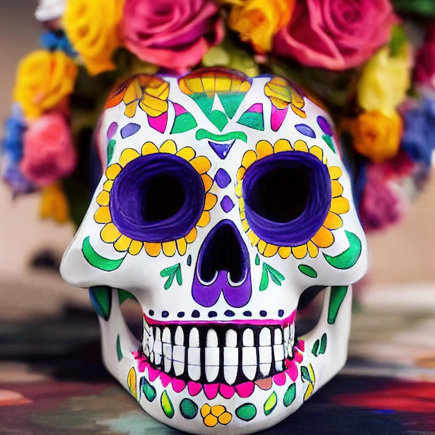 Un colorido cráneo de azúcar Calavera tradicional decorado con flores para el día de los muertos Día de los muertos