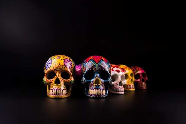 Colorido cráneo mexicano antiguo en fondo negro con copia de espacio generativo ai