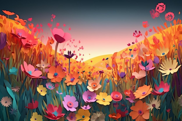 Un colorido cuadro de flores en un campo con un atardecer de fondo.