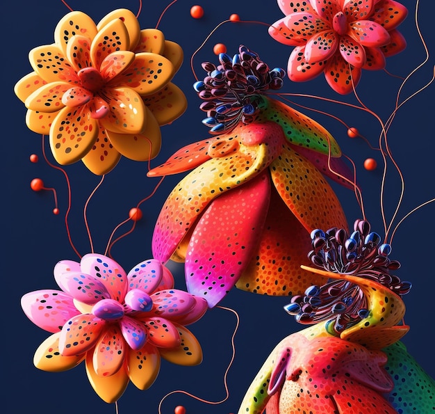 Un colorido cuadro de flores con un punto rojo en la parte inferior.