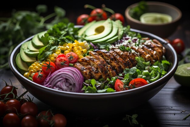 Colorido cuenco de Buda con garbanzos picantes pollo a la parrilla y aguacate