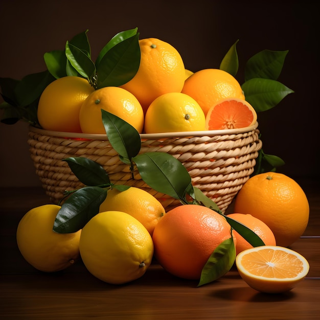 Un colorido cuenco de naranjas sobre una mesa de madera