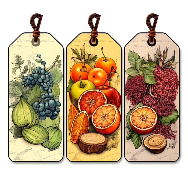 Foto colorido de loja de frutas exóticas tag card tag card de madeira hexagonal forma w esboço estilo aquarela