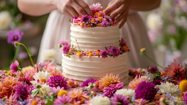 Foto colorido deleite de aniversario pastel de dos niveles celebrando el amor con flores comestibles