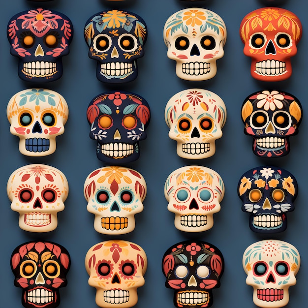 El colorido día de las calaveras muertas Ilustración de exhibición