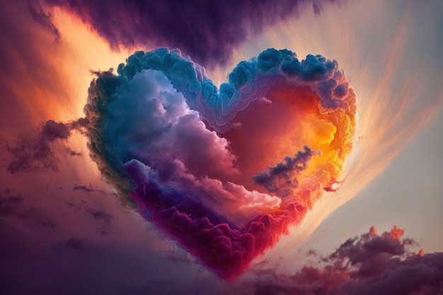 Colorido día de San Valentín corazón en las nubes IA generativa