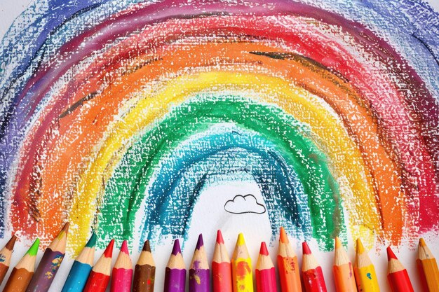 Foto el colorido dibujo de childs con lápices de arco iris con textura grunge