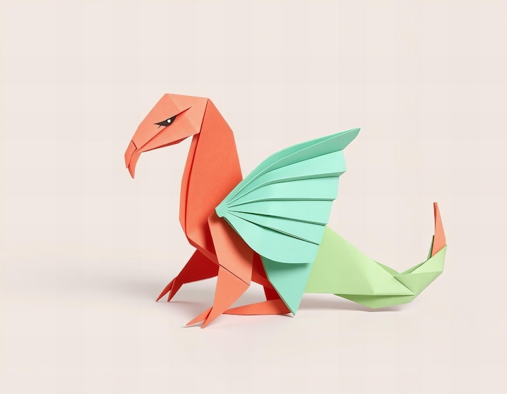 Foto un colorido dinosaurio de papel hecho por una grúa de papel