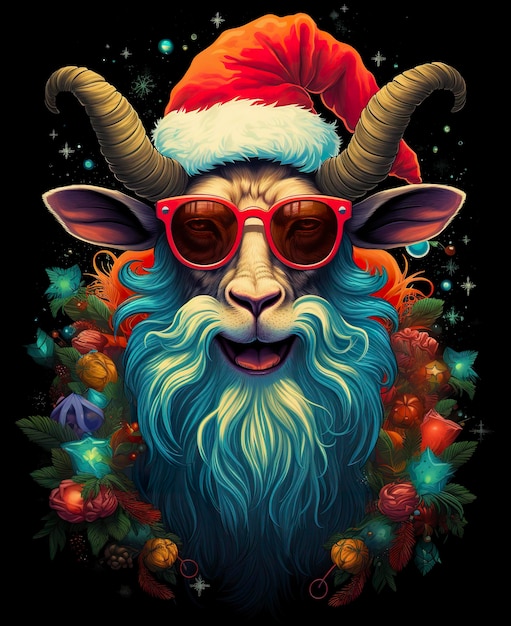 Un colorido diseño de camiseta vectorial de cabra de Papá Noel