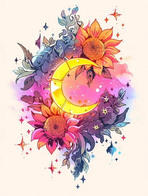 Foto un colorido diseño de camiseta vectorial esotérica con luna, sol y estrellas.