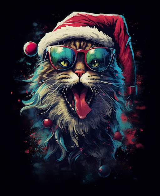 Foto un colorido diseño de camiseta vectorial de gato fresco de papá noel