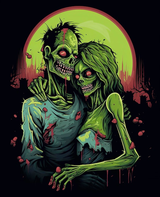 Foto un colorido diseño de camiseta vectorial de pareja de zombies