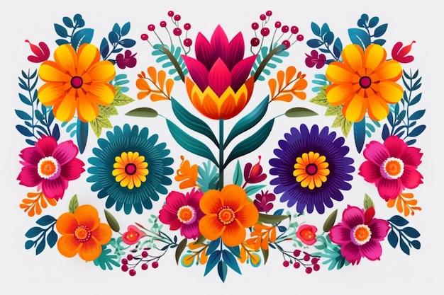 Un colorido diseño floral con flores y hojas ai generativo.