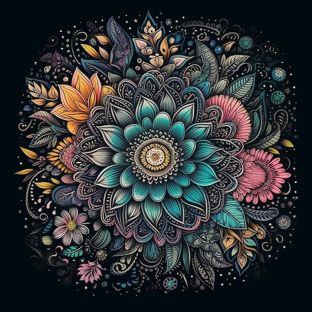 Un colorido diseño floral con un fondo negro.