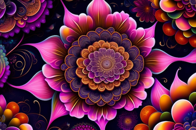 Un colorido diseño floral con una gran flor en el centro.