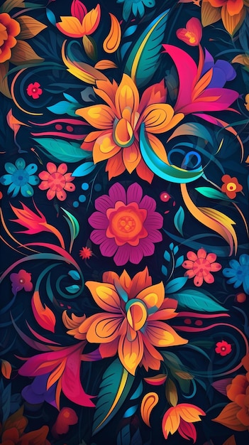 Un colorido diseño floral sobre un fondo negro