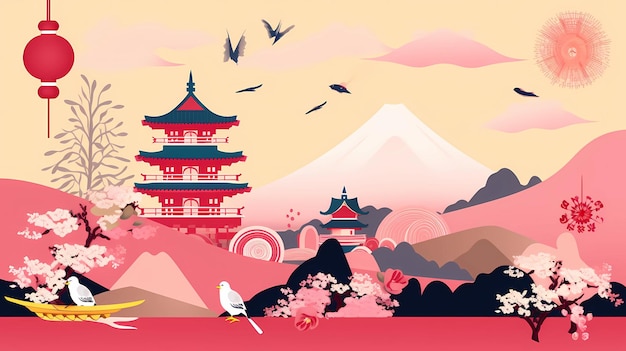 Colorido diseño de ilustración japonesa de edificios naturales y ai generativa de vida salvaje