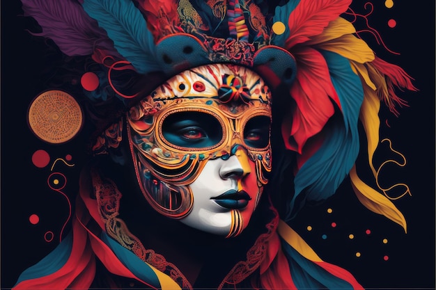 Colorido disfraz de carnaval femenino sobre un fondo negro AI generativa