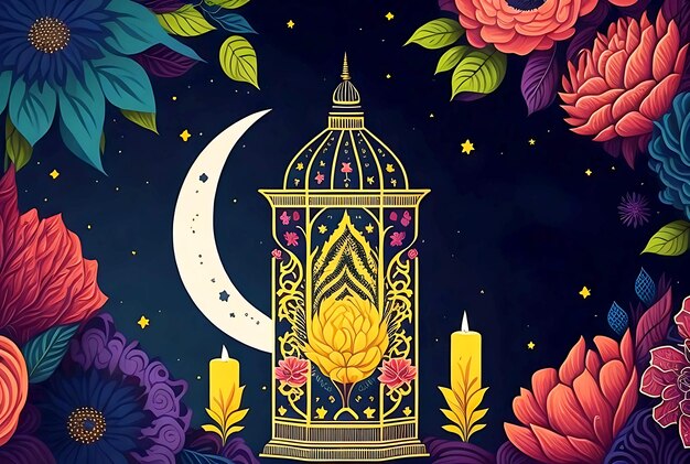 Colorido e aquarela feliz Ramadan Kareem vela floral e flores ilustração vetorial