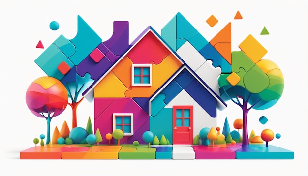 El colorido enigma del logotipo de una casa de un solo piso