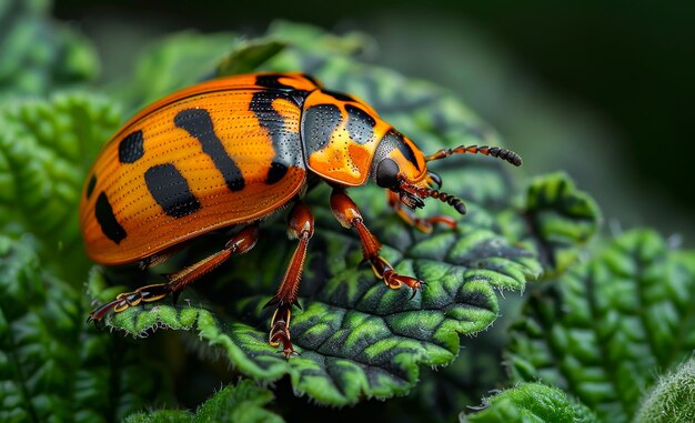 El colorido escarabajo de rayas naranja y negra se sienta en una hoja verde