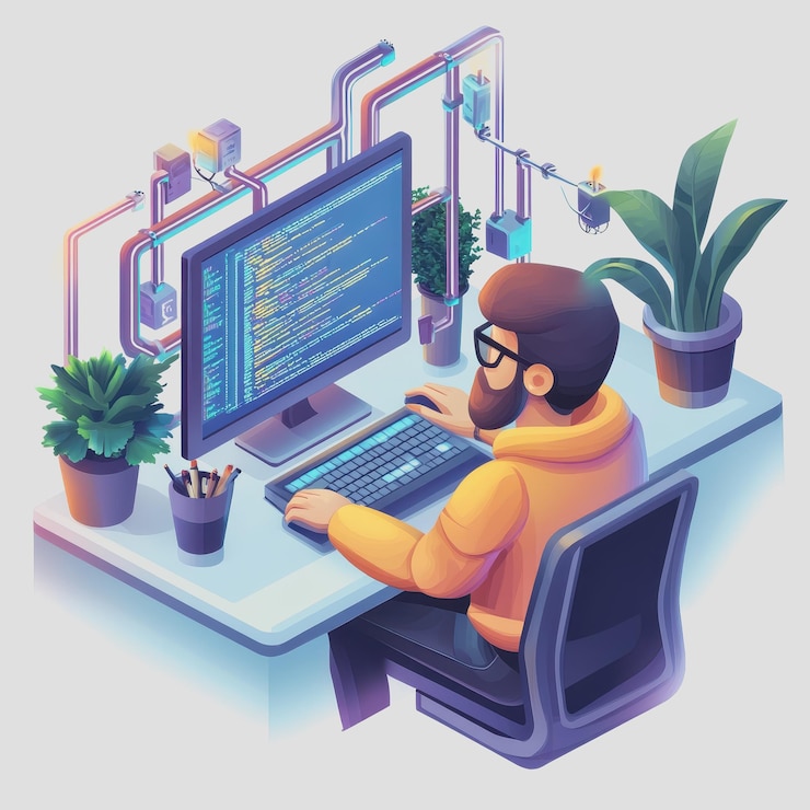 Foto un colorido espacio de trabajo digital con un programador trabajando en un proyecto de codificación rodeado de plantas y accesorios de tecnología moderna