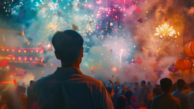 Un colorido espectáculo de fuegos artificiales coloridas chispas volando en el cielo el humo llenó el aire el pueblo chino aplaudió la vista trasera de exposición múltiple clasicismo 16k alta resolución IA generativa