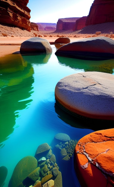 Un colorido estanque de agua en el desierto con rocas y un cielo azul.