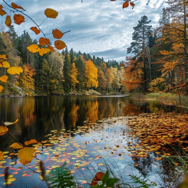 El colorido follaje de otoño en el Parque Nacional Gauja Un paisaje sereno