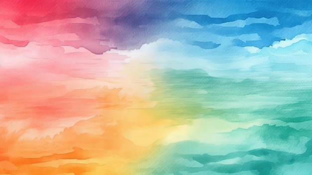 Un colorido fondo de acuarela con un arco iris y nubes.