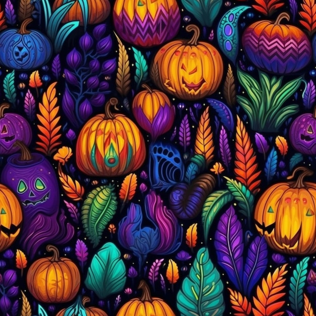 Un colorido fondo de halloween con calabazas y hojas generativas ai