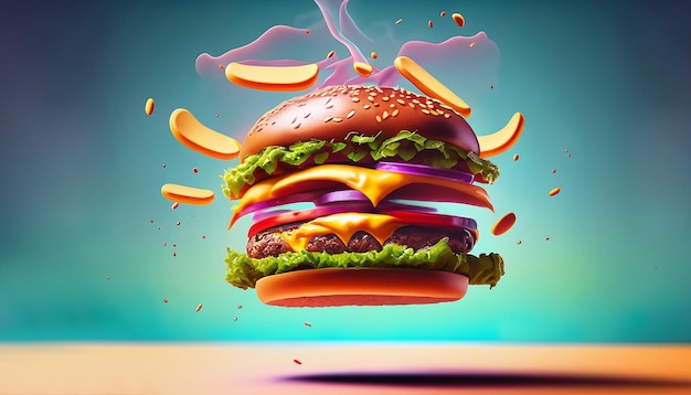 El colorido fondo intensifica el mensaje de la hamburguesa poco saludable visualizada por IA