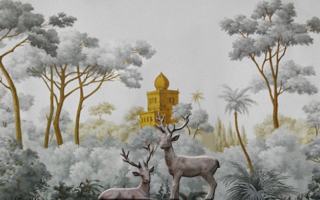 Foto colorido fondo de la naturaleza con hermosos ciervos y árboles papel tapiz