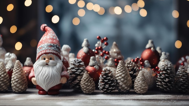 Colorido fondo navideño con Papá Noel y juguetes navideños