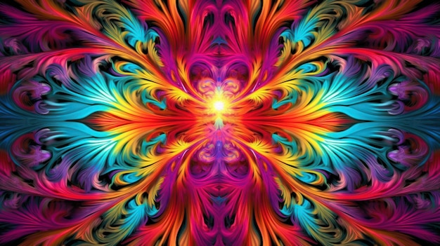 Un colorido fractal con una gran flor en el centro.