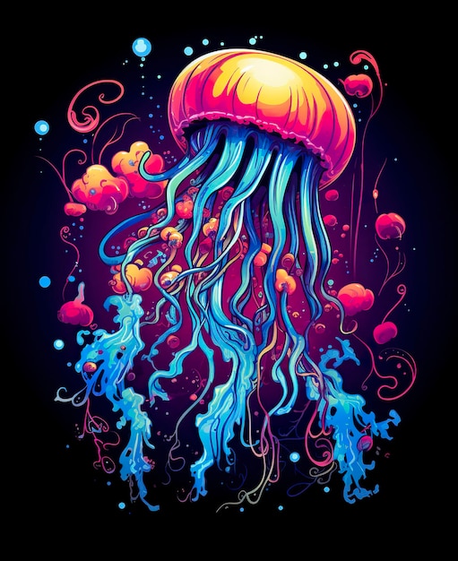 Un colorido y fresco diseño de camiseta vectorial de medusas.