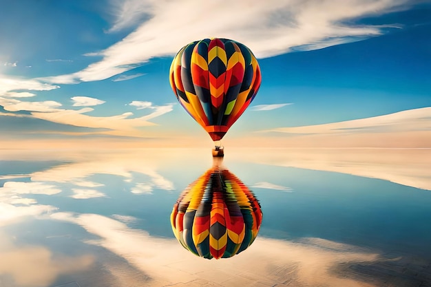 Un colorido globo aerostático flota en el agua con el cielo de fondo.